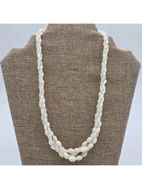 Triple-Strand White Mother-Of-Pearl Beaded Necklace Gold-Tone Clasp Vintage